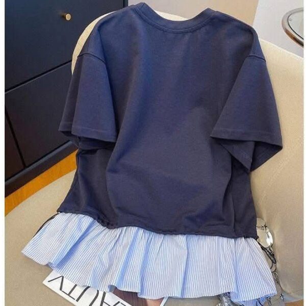 花邊下擺假兩件拼接撞色短袖上衣