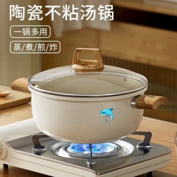 麥飯石雙耳湯鍋帶玻璃蓋