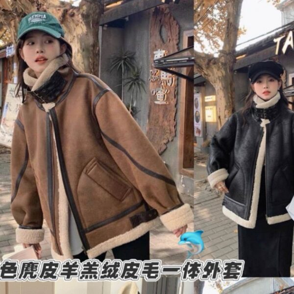 【清倉特價】撞色麂皮羊羔絨皮毛一體外套 