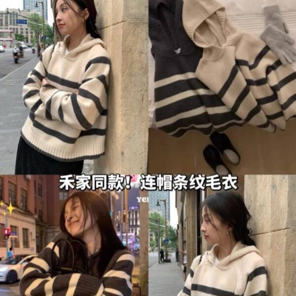 禾家同款條紋連帽毛衣